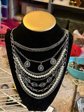 Multi-Layer Silver Pearl & Crystal Statement Necklace